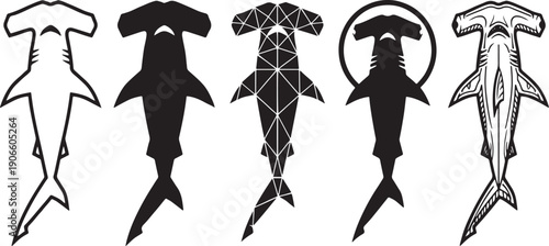 Five minimalist black and white illustrations showing different artistic interpretations of a hammerhead shark