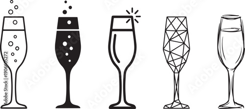 A vector icon set showing five different styles of champagne glasses for celebrations and events