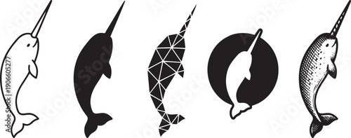 Five distinct graphic icons showcasing different design styles for a narwhal, including line art and solid silhouettes.