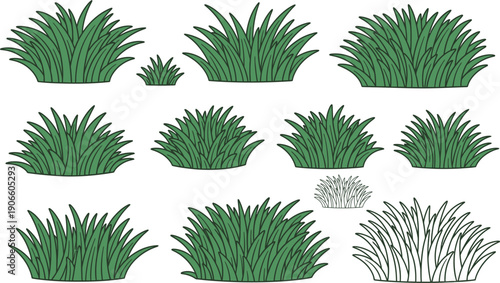 Set of vector elements for design in form of green bushes and tufts of grass on transparent background