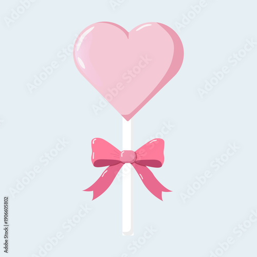 Glossy pink heart-shaped lollipop with white stick and shiny pink bow on pastel blue background