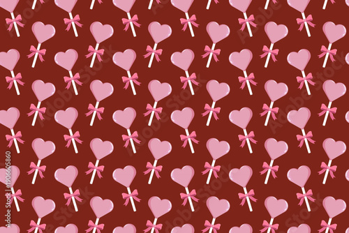 Seamless Valentine s pattern with pink heart-shaped lollipops tied with bows on dark red background