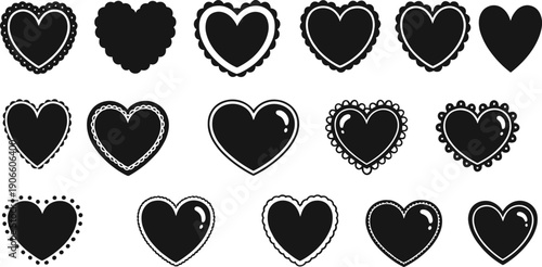 Set of Decorative Heart Silhouette Vector Icons Featuring Scalloped Edges, Stitched Borders, and Hand-Drawn Frames for Valentine's Day