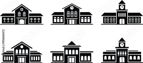 A set of vector silhouette line art illustrations of various school buildings and educational architecture