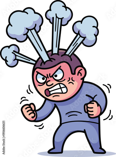 Stressed cartoon man with flushed face and steam bursting from head