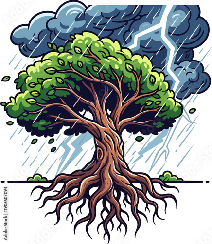 Big Old Tree with Roots Standing Strong in Thunderstorm Vector