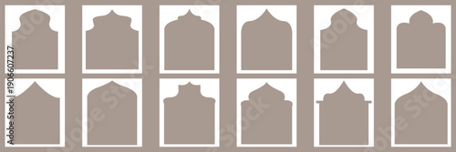 Set of vector Islamic door and window shapes.  Traditional and culture Vector isolated on transparent background of patterns in oriental style. Arabic Islamic borders for invitations, templates.
