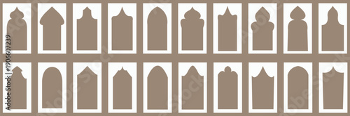 Set of vector Islamic door and window shapes.  Traditional and culture Vector isolated on transparent background of patterns in oriental style. Arabic Islamic borders for invitations, templates.