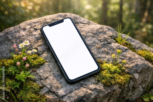 White screen smartphone display on a natural mossy rock in a sunlit forest.