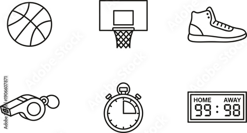 Set of Essential Basketball Line Icons Featuring Sports Ball, Hoop and Net, High-Top Sneaker, Referee Whistle, Stopwatch Timer, and Game Scoreboard