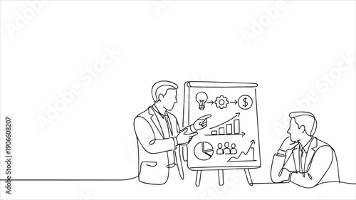 Single continuous line drawing of male CEO explaining business process to his partner with infographic on flip chart. Startup work meeting concept. One line draw graphic design vector illustration