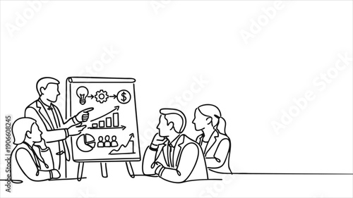 Single continuous line drawing of male CEO explaining business process to his partner with infographic on flip chart. Startup work meeting concept. One line draw graphic design vector illustration