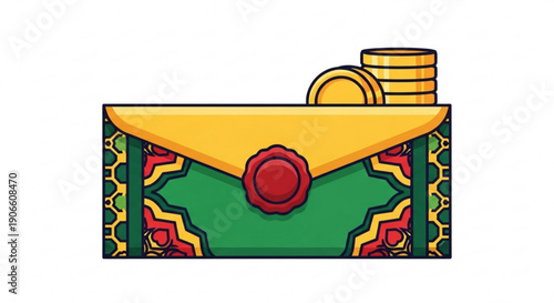 Colorful envelope with yellow flap and red seal containing coins symbolizing financial transactions and savings