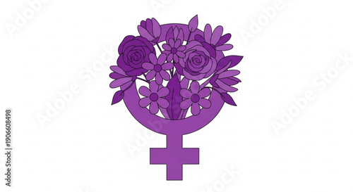Purple female symbol with floral arrangement on white background representing feminism and women's rights