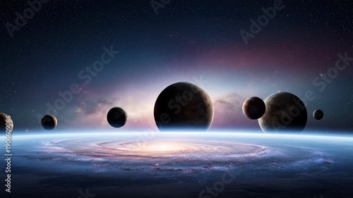 A breathtaking cosmic sunrise illuminates a line of planets and a swirling spiral galaxy across a vast, starry deep space horizon.