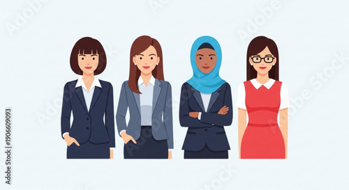 Diverse group of professional businesswomen standing together diverse female colleagues in corporate attire and hijab teamwork and collaboration concept