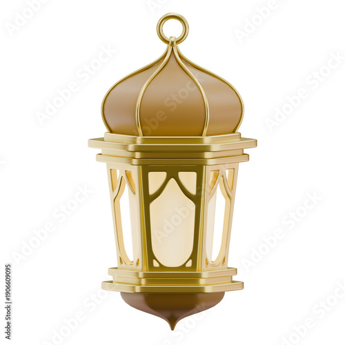 A glowing golden lantern featuring intricate metalwork, set against a transparent background, ideal for Ramadan and Eid celebrations and other festive decorations.