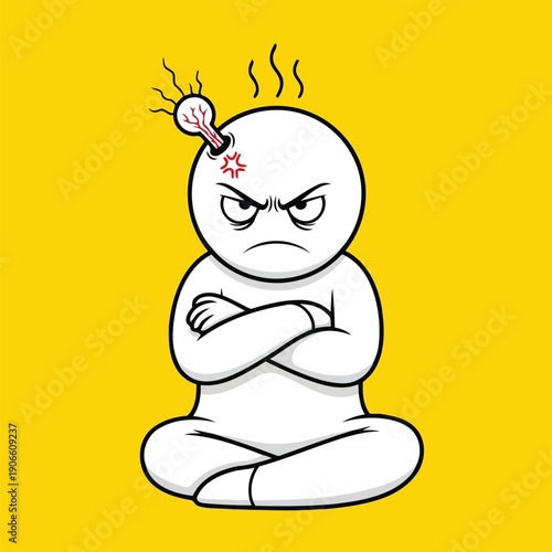 Frustrated cartoon character with broken lightbulb and crossed arms