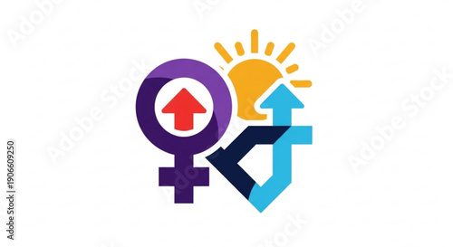 Equality symbol with arrows and sun representing progress and empowerment