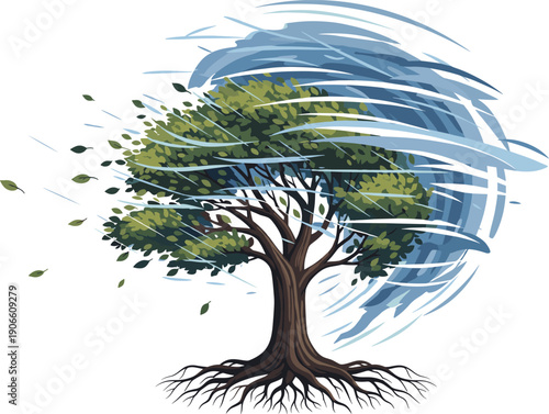 Strong Tree Bending in Powerful Wind Storm Vector Illustration