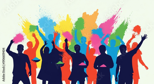 Vibrant silhouettes of people celebrating with colorful paint splatters in the background