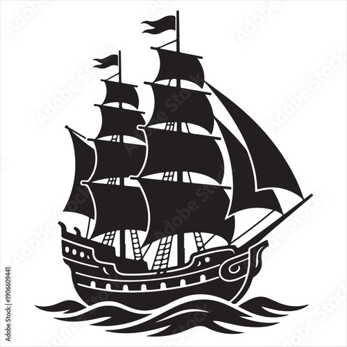 Classic Sailing Ship Silhouette Illustration on Waves