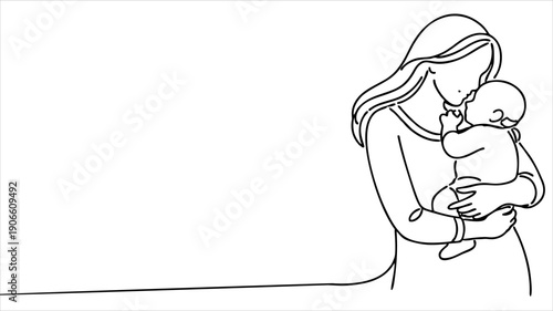 Minimalist Continuous Line Drawing of Mother Holding Baby – Love and Parenthood Concept, One Line Art Vector Illustration