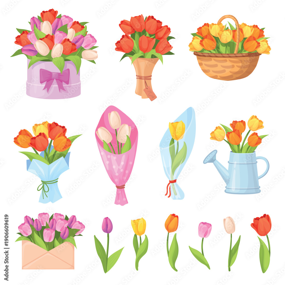 Fototapeta premium Cartoon tulips bunch. Tulip bouquet, field flowers bunches garden wildflowers bouquet wrapping romantic love gift woman day present spring concept, set neat vector illustration