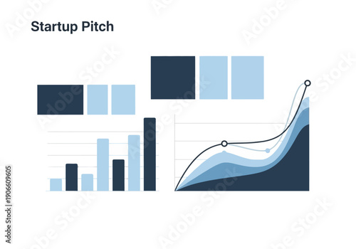 Conceptual business startup pitch illustration showing data visualization and financial growth charts for presenting new ventures.
