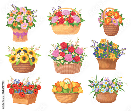 Cartoon flowers basket. Flowers bouquet in wicker baskets and bucket, flower shop florist market bunches wildflowers floral wedding decoration woman gift, neat vector illustration