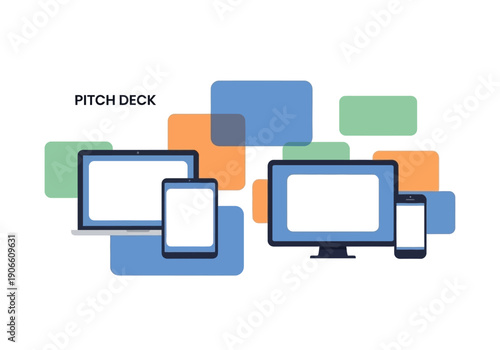 Dynamic Business Pitch Deck Presentation Concept with Responsive Technology Devices and Abstract Shapes on White Background