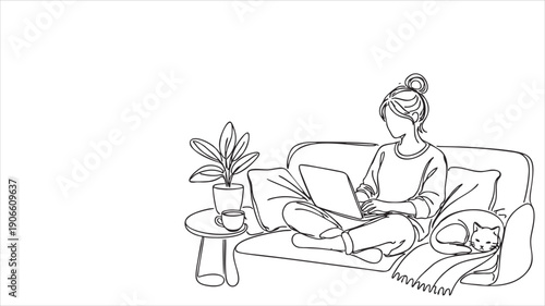 Minimalist Line Drawing Woman Meditating at Home on Sofa with Plants, Calm Mindfulness and Relaxation Concept