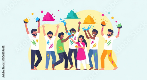 Diverse group celebrating holi festival with colorful powders and joyful expressions on a vibrant background