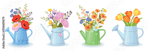 Flowers in watering can. Garden or field wildflowers bouquet in pot with water, flower shop spring easter gardening concept floral plants botanical set, neat vector illustration