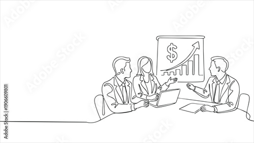 One continuous line drawing of young happy board of directors discussing company profit sharing during meeting. Business training concept. Trendy single line draw design vector graphic illustration