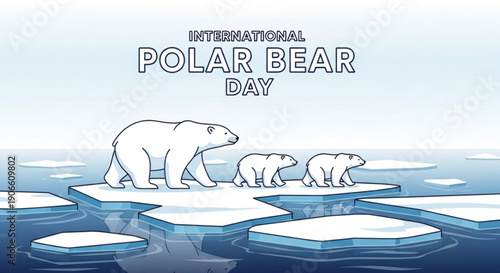 Polar bear family on melting ice floes international polar bear day climate change awareness