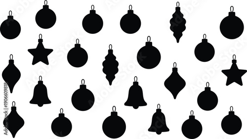 Set of Christmas Ornament Silhouettes, Black Hanging Baubles and Holiday Decoration Icons, Minimalist Xmas Tree Elements