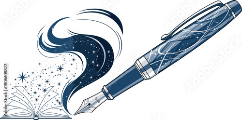 : Creative Fountain Pen Writing Magic Stars and Stories Vector
