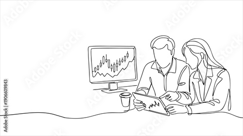 One single line drawing of two young male and female workers watching stock movements on tablet together at the office. Stockbroker concept continuous line draw design graphic vector illustration.