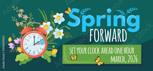 Spring saving time. Daylight forward concept banner, clock with flowers summertime starts hour ahead change march calendar date reminder summer season, neat vector illustration
