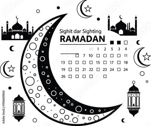 Sighting calendar graphic shows Ramadan dates framed by mosque silhouettes.