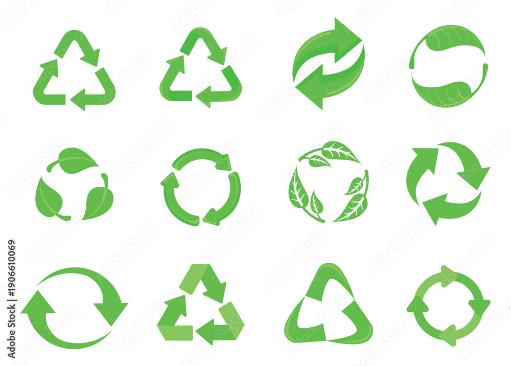 Fototapeta premium Recycling arrows symbols. Reduce, reuse recycle arrow icons eco green leaf nature logo sustainability energy earth environment ecology cycle concept, set neat vector illustration
