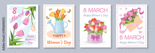 Womens day tulips cards. Tulips bouquet greeting card, spring flowers bunch international women holiday congratulation mother or floral frame design set, neat vector illustration