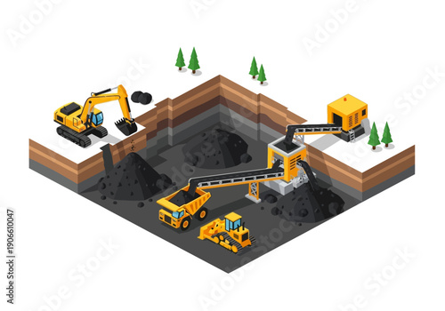 Isometric view of a coal mine with excavators, dump trucks, and conveyor belts in operation, highlighting industrial extraction and heavy machinery