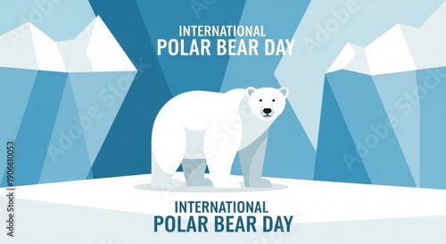 Polar bear standing on ice with mountains international polar bear day awareness graphic
