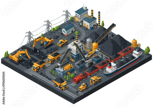 Isometric coal mining and transportation industry with heavy machinery, plants, and ships