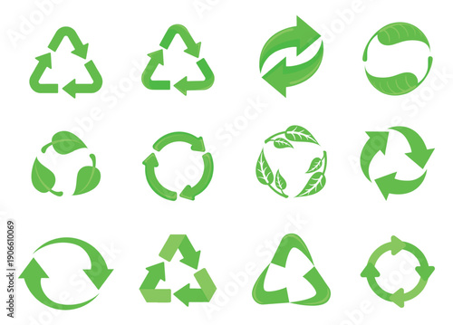 Recycling arrows symbols. Reduce, reuse recycle arrow icons eco green leaf nature logo sustainability energy earth environment ecology cycle concept, set neat vector illustration