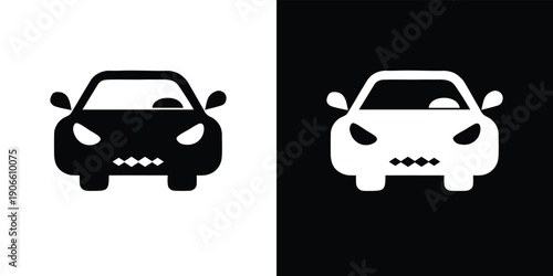 Black and white car with angry faces on black and white backgrounds
