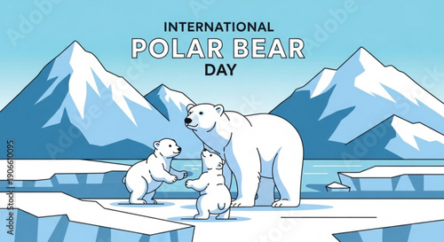 Polar bear family on ice with mountains international polar bear day arctic scene with mom and cubs