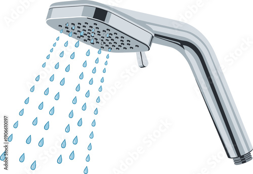 Modern Chrome Shower Head Spraying Water Drops Vector Illustration